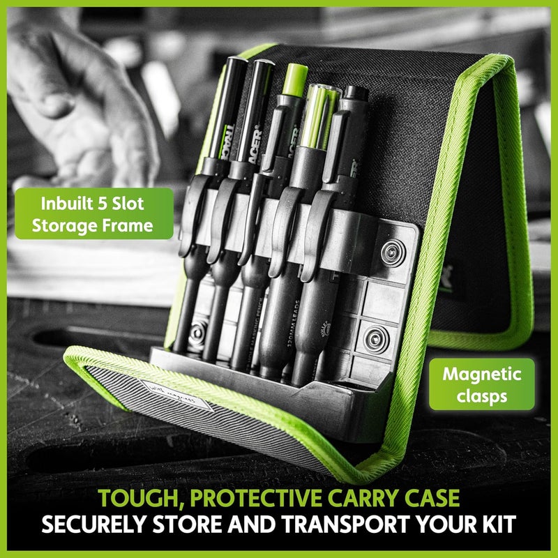 Tracer 5 Piece Construction Marker Kit with Storage Case - Carpenter's Pencil, 2 x Long Nib Markers, Clog-free Marker and Replacement Leads Dispenser - Image 3